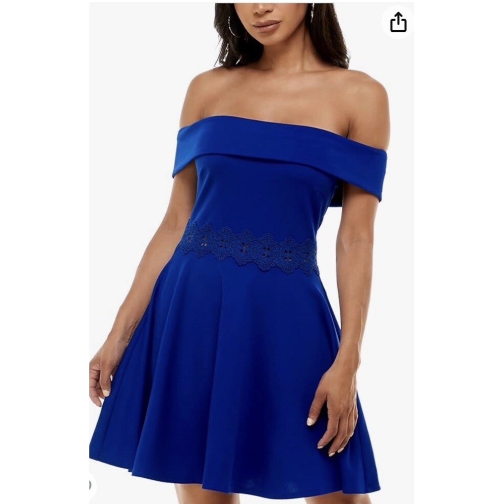 B. DARLIN Mini Dress Size 1 - 2 Blue Off Shoulder Short ‎ Fit Flare Cocktail